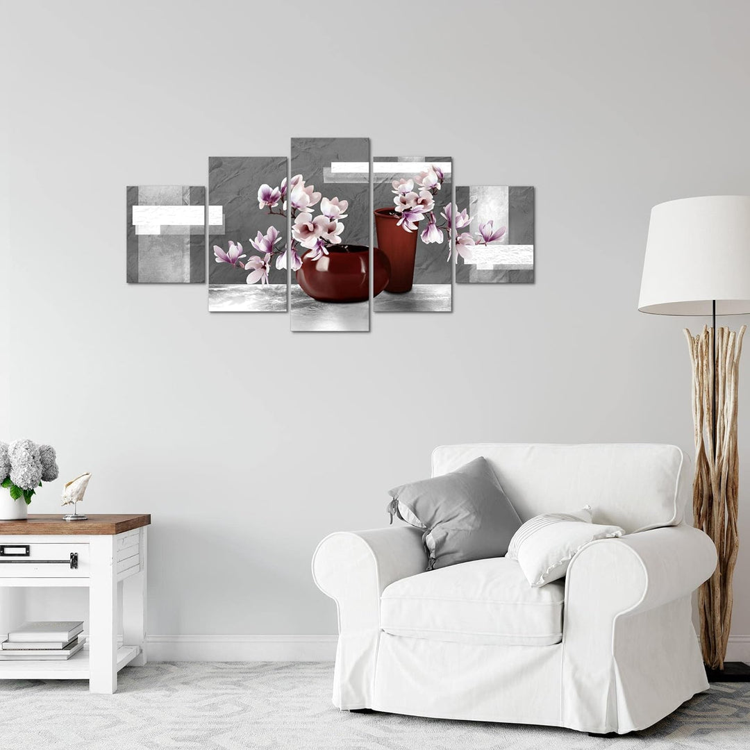 Runa Art Wandbilder Blumen Abstrakt 5 Teilig Bild auf Vlies Leinwand Deko Wohnzimmer Blumenvase Grau