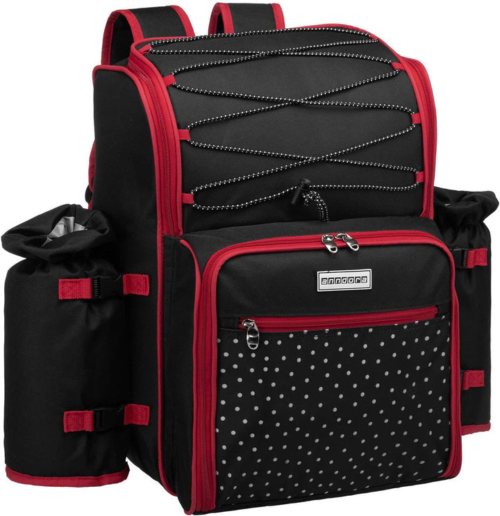 anndora Picknickrucksack 4 Personen schwarz weiss gepunktet + 29-TLG. Zubehör