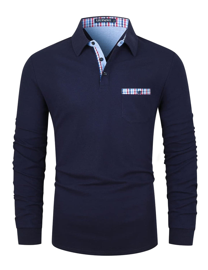 LIUPMWE Poloshirt Herren Langarm Getäfelt T Shirts Männer Hemd T-Shirt Slim Fit Golf Sports, Blau