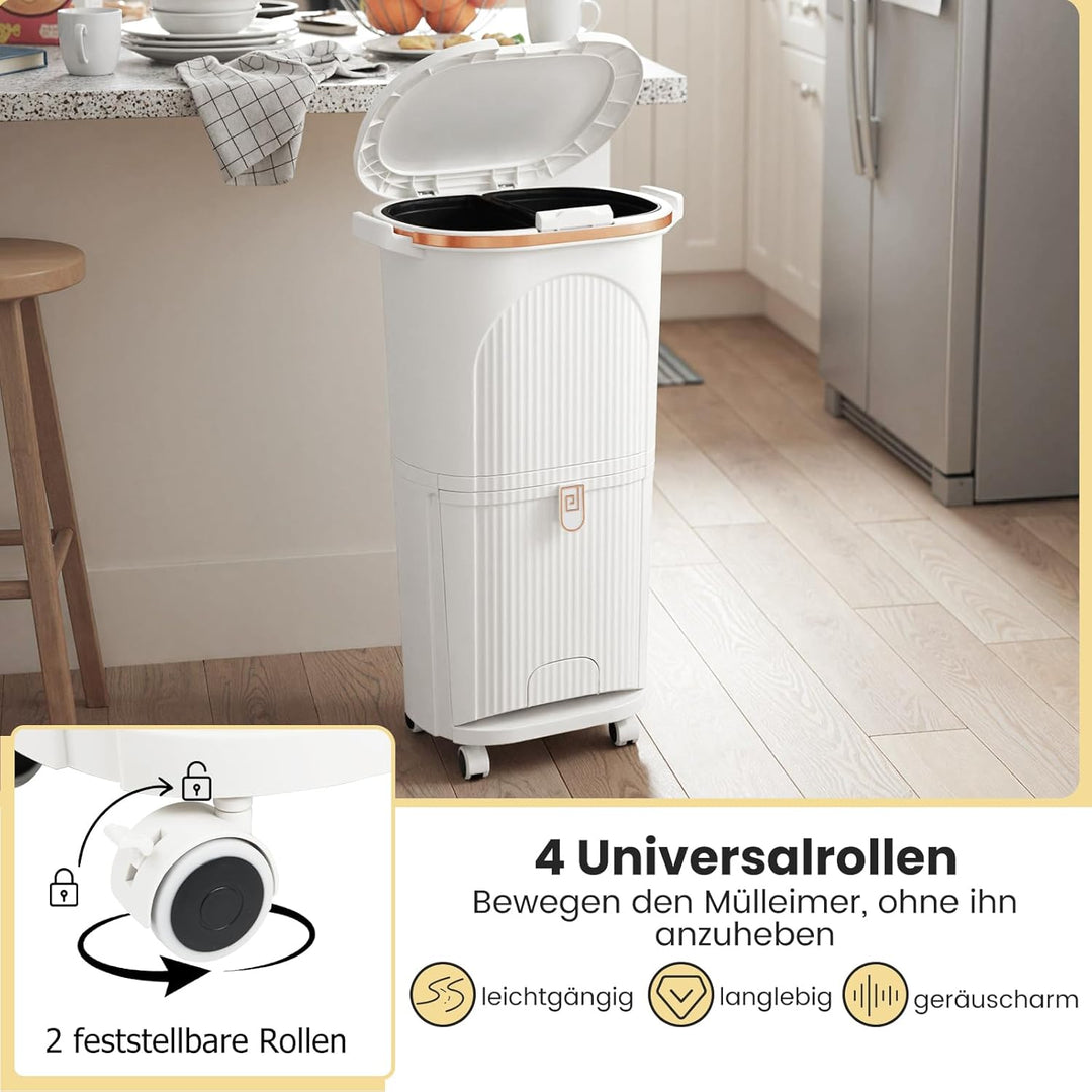 COSTWAY Mülleimer Küche, Mülltrennsystem 3 Fächer, 2 x 12L Inneneimer & 14L Treteimer, Abfalleimer m