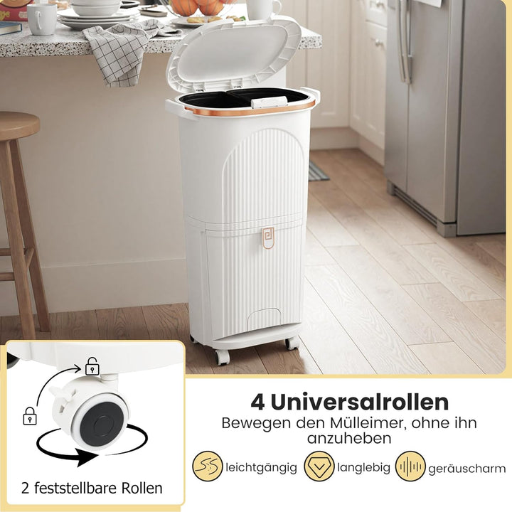 COSTWAY Mülleimer Küche, Mülltrennsystem 3 Fächer, 2 x 12L Inneneimer & 14L Treteimer, Abfalleimer m