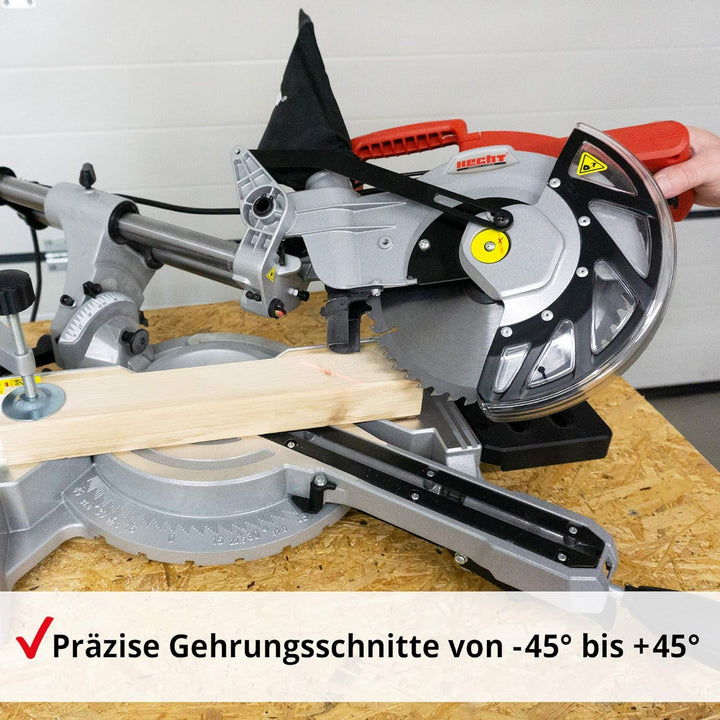 Hecht Zug-Kapp-Gehrungssäge – starke 1800 Watt – mit HM-Sägeblatt – Hohe Schnitt-kapazität mit Winke