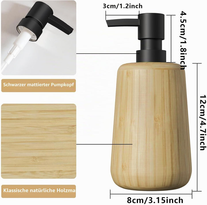 Retro Bambus Badaccessoires Set, 4-teilig, Seifenschale, Seifenspender, Tablett, Mundspülbecher für
