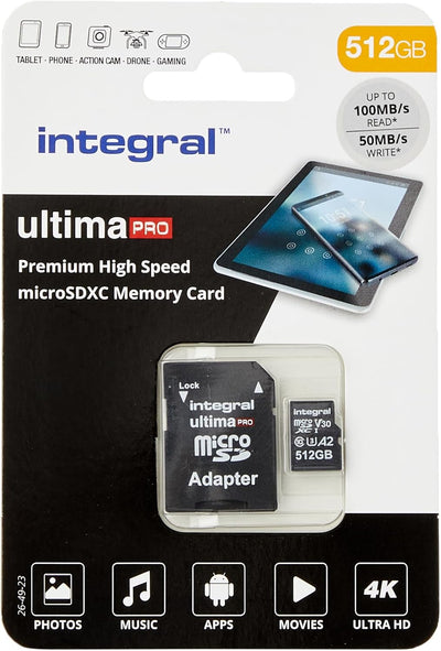 Integral 512GB Micro SD Karte 4K Video Premium High Speed Speicherkarte SDXC bis zu 100MB/s Lesegesc