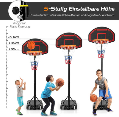 GYMAX Basketballkorb 155-210 cm, Höhenverstellbarer Basketballständer mit Netz & bruchfester Rückwan