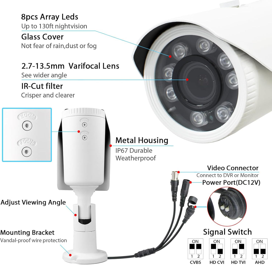 5 Megapixel Überwachungskameras IR Bullet Kameras 2.7-13.5mm Vari-fokal Linse,4-in-1 AHD/TVI/CVI/CVB