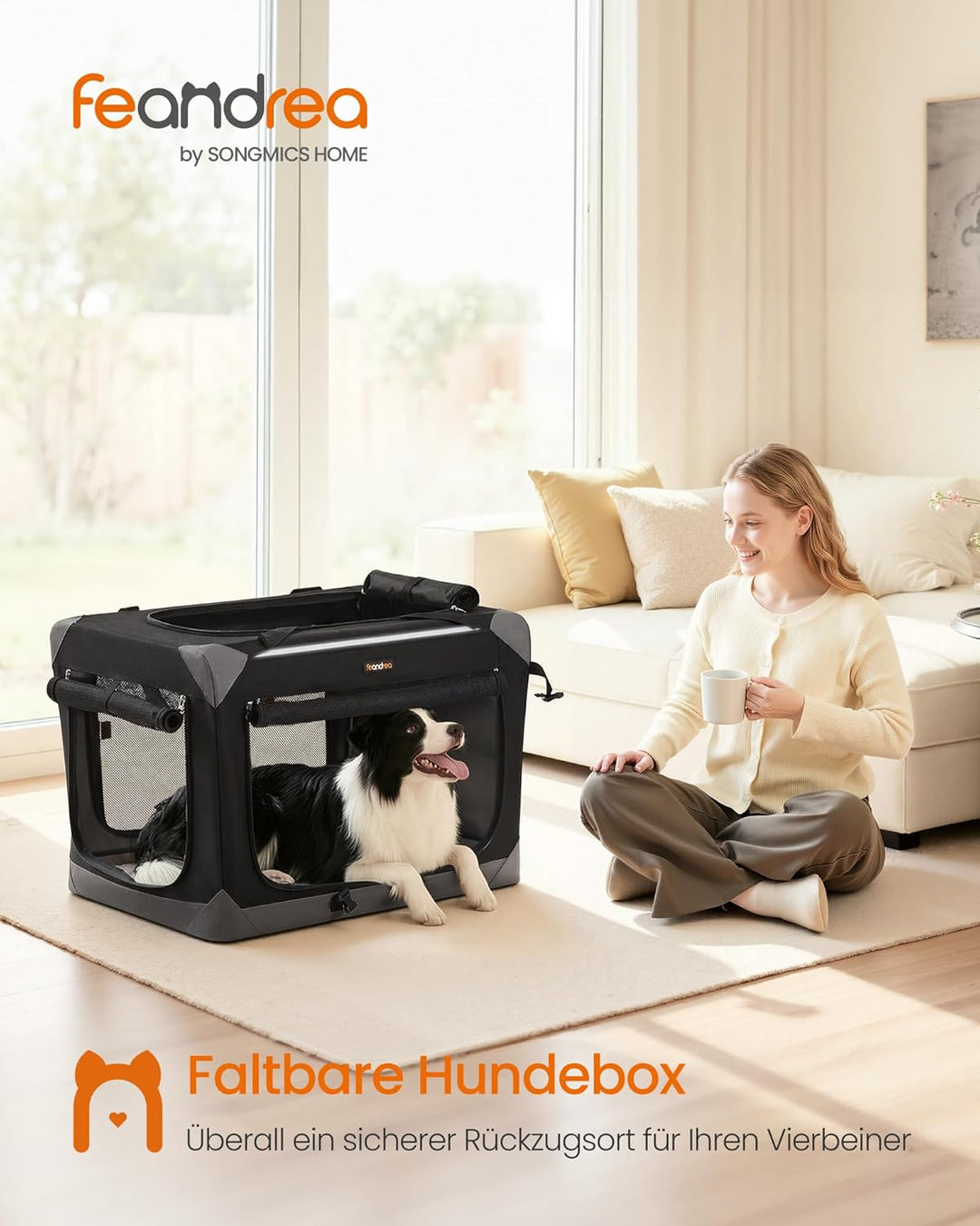 Feandrea Hundebox faltbar, Transportbox, Hundetasche, Oxford-Gewebe, mit 4 Türen aus Netzstoff, Grif