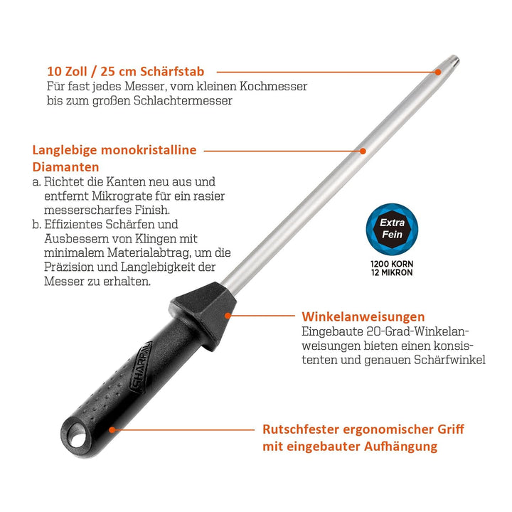 SHARPAL 119N Diamant-Schärfer aus massivem Stahl für Messer, Klingenschärfer, Honstab, professionell