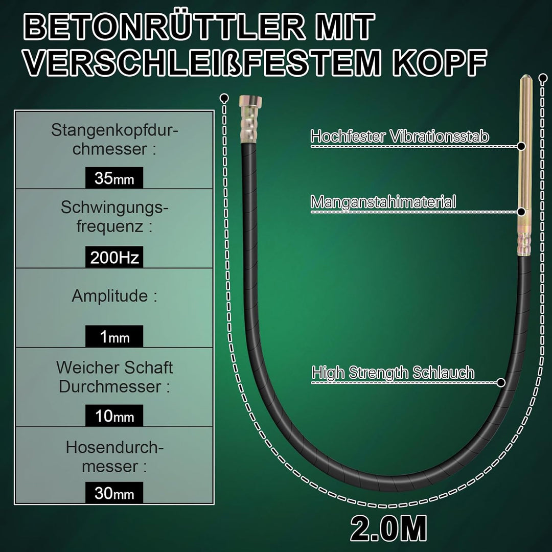 Akku Betonrüttler mit 4,0Ah-Akku, Bürstenlos Betonverdichter mit 2 m Schlauch, 35mm Rüttelflasche mi