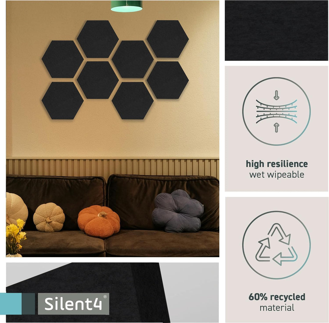 SILENT4® Schallabsorber Wand Set HEXAGON, 8 Elemente aus Akustikvlies, Klebemontage, Akustikbild Sch