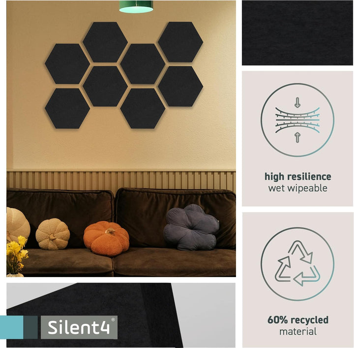 SILENT4® Schallabsorber Wand Set HEXAGON, 8 Elemente aus Akustikvlies, Klebemontage, Akustikbild Sch