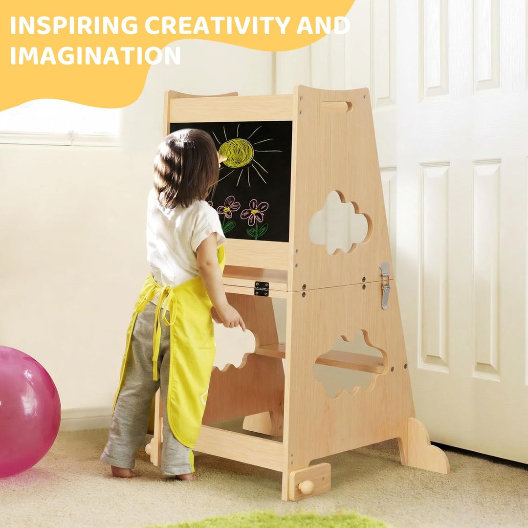 KIDINIX Lernturm ab 1 Jahr, 3 in 1 Montessori Learning Tower mit Sicherheitsgeländer und Tafel, Klap