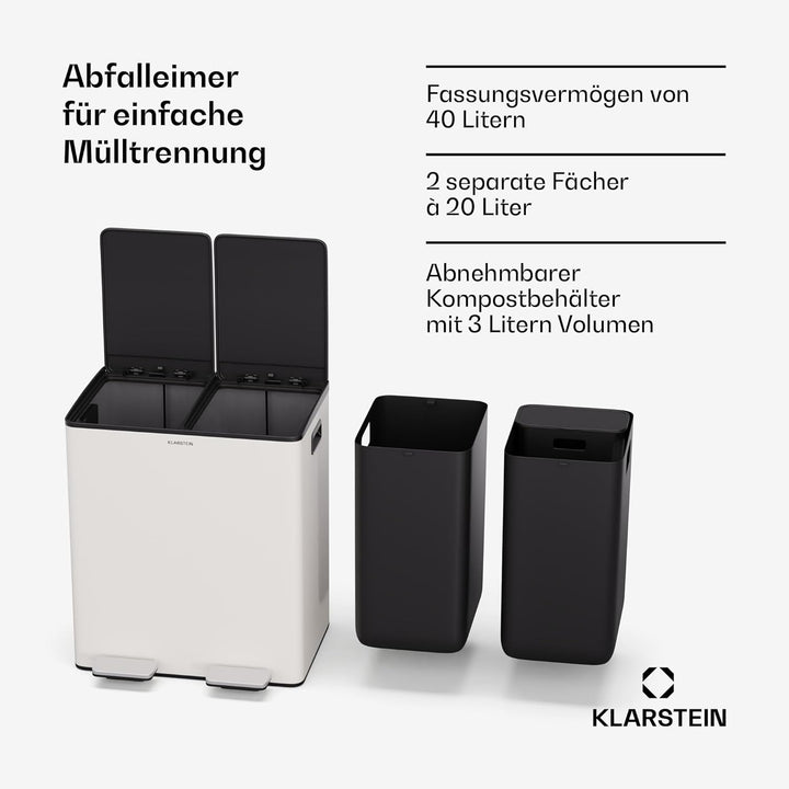 Klarstein EcoVista Mülleimer - 40L Abfalleimer mit 2 Fächern & 3L Komposteimer, Soft-Close, Edelstah