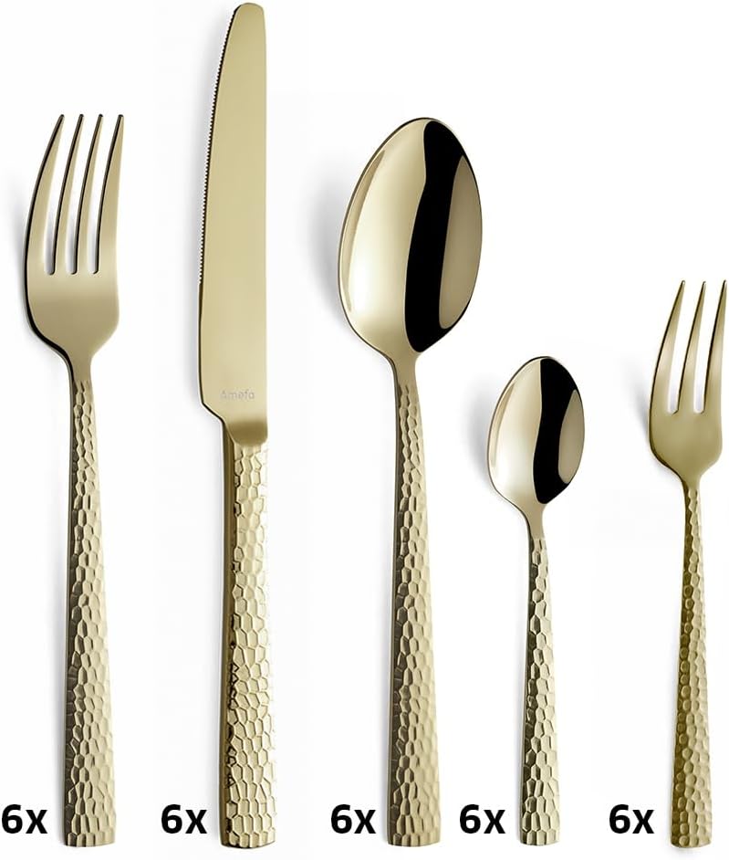 Amefa FELICITY Besteckset 30-teilig PVD champagner, Hochwertiges Besteck Set, Gehämmert, Essbesteck