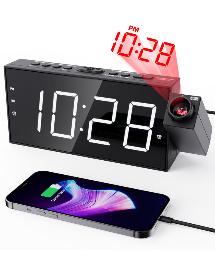 ROCAM Wecker mit Projektion für Schlafzimmer, LED Projektionswecker an der Decke mit USB Ladegerät,