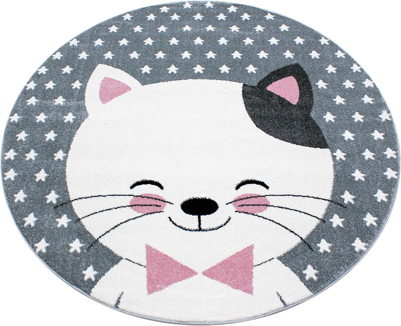 HomebyHome Kinderteppich Kurzflor Katze Lächeln Design Kinderzimmer Babyzimmer Spielzimmer 11 mm Flo