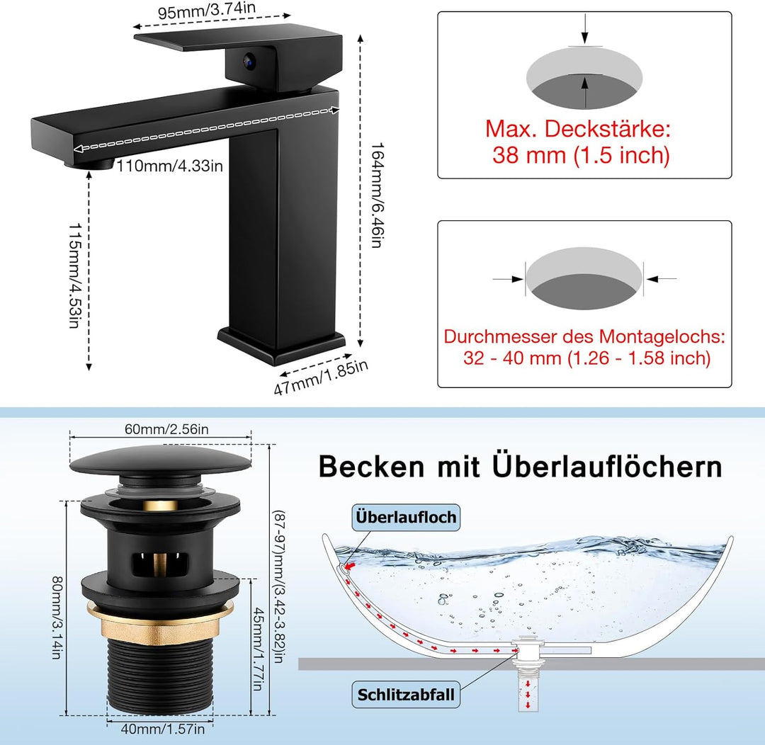 Wasserhahn Bad Schwarz, Waschtischarmatur mit Pop Up Ablaufgarnitur, Mischbatterie Einhebelmischer W