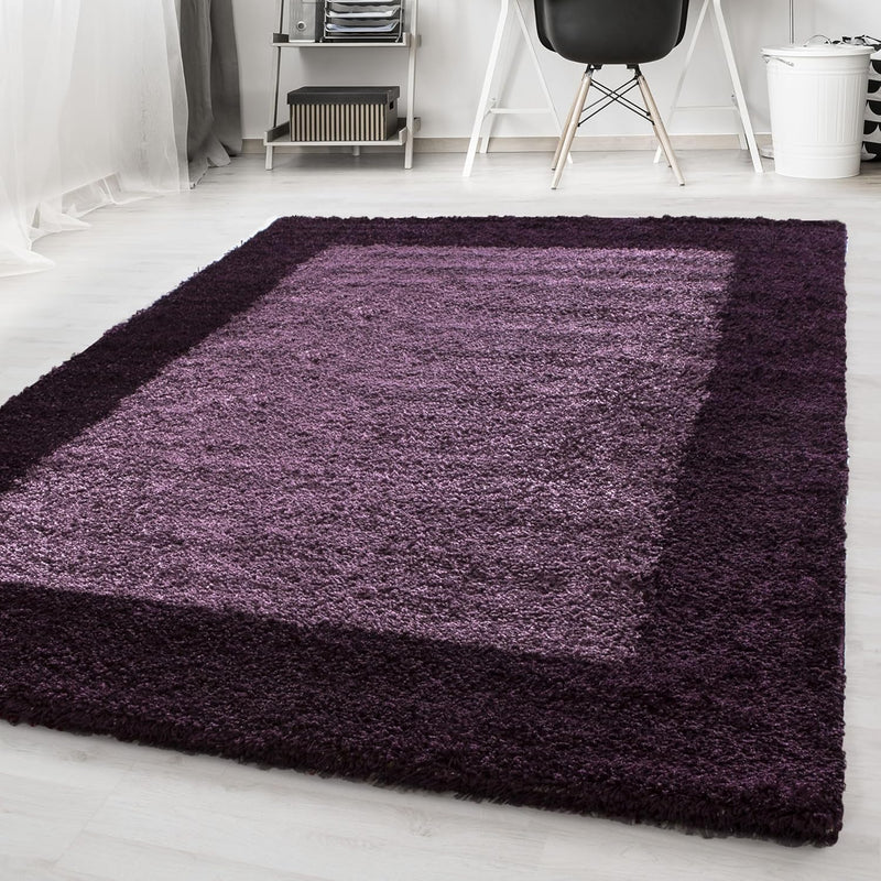 HomebyHome Teppich Wohnzinmer Shaggy Hochflor Lila Läufer 80x150 cm Bordüre Läufer Flur - Flauschige