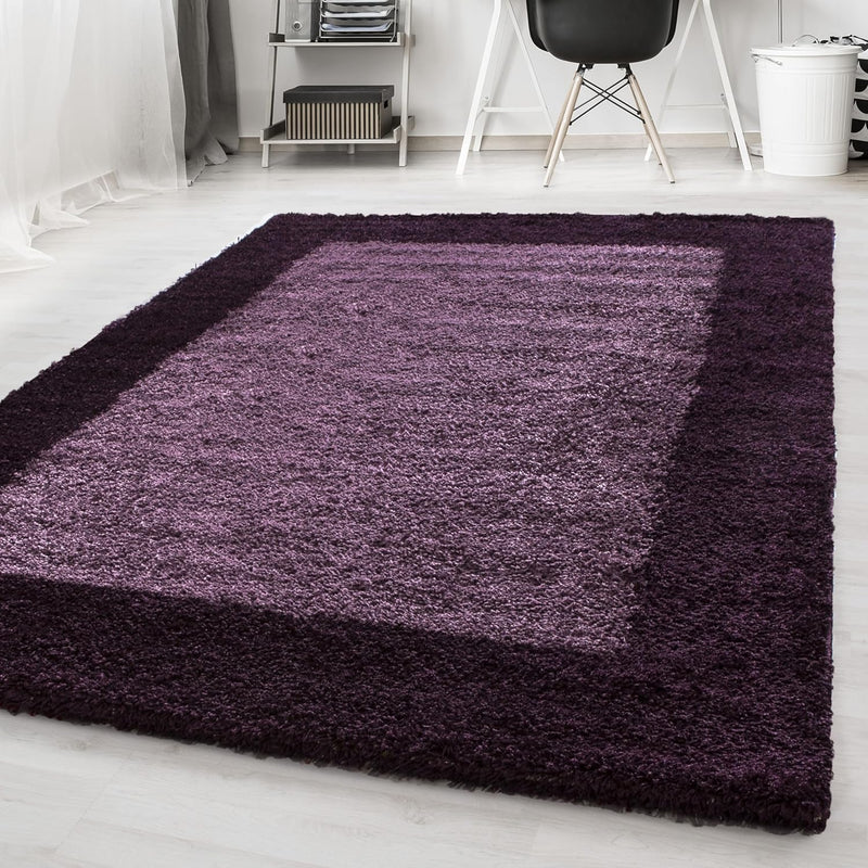 HomebyHome Teppich Wohnzinmer Shaggy Hochflor Lila Läufer 80x250 cm Bordüre Läufer Flur - Flauschige