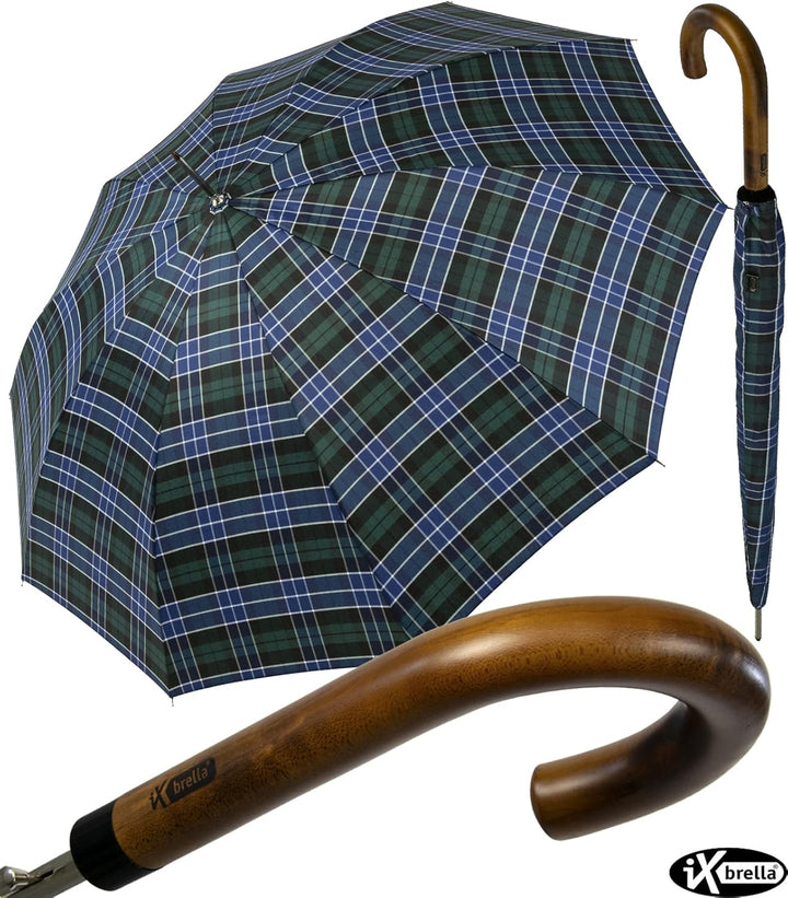 iX-brella Herren-Stockschirm Automatik mit Echtholz-Rundhakengriff - Karo blau-grün Check Blue-green