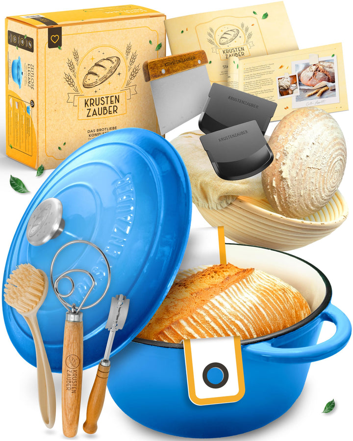 Gusseisen Topf Brot Backen emailliert im XXL Set - Brotbackform mit Deckel inkl Gärkorb, Schneebesen