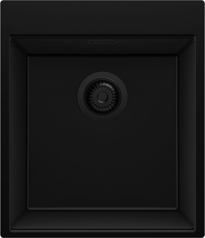 PRIMAGRAN Spülbecken Alles Schwarz 43x50cm, Granitspüle 1 Becken + Ablauf-Set, Küchenspüle ab 45er U