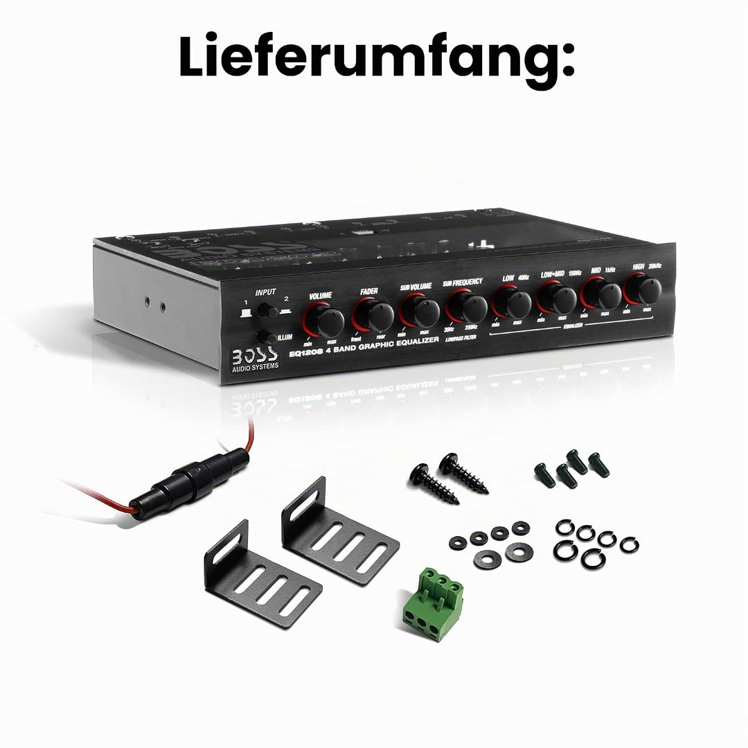 Boss Audio EQ1208 Verstärkter 4-Band-Equalizer mit Subwoofer-Steuerung 4-Band-Vorverstärker-EQ, 4-Ba