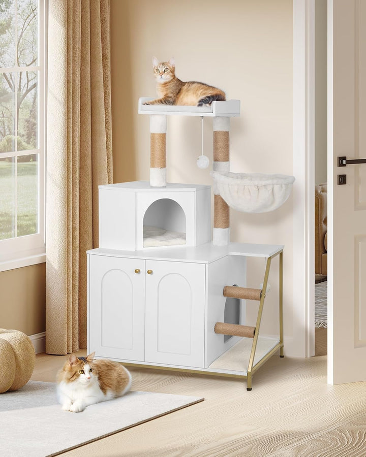 Hzuaneri Kratzbaum mit Katzenklo-Schrank, Katzenschrank, 4-in-1 Modernes Katzenhaus mit Grosser Plat