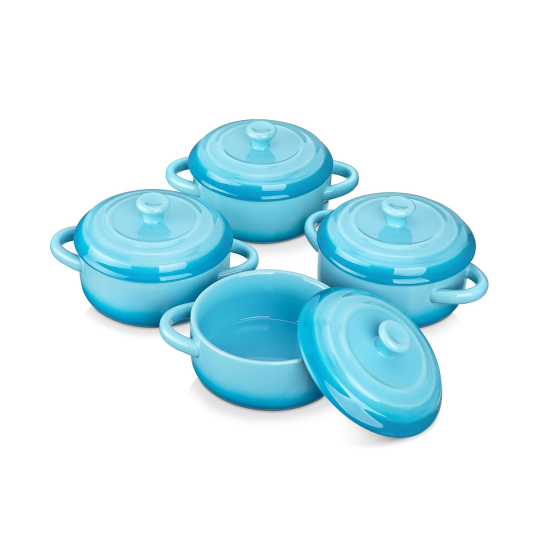 LOVECASA Kleine Auflaufform aus Steinzeug, 4 x 380 ml Mini-Cocotte mit Deckel, Souffle Förmchen Back