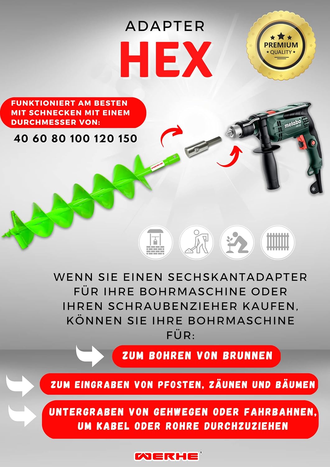 WERHE Profi Adapter Shaft für Erdbohrer passend für Hex Bohrmaschine Akkubohrmaschine Akkuschrauber