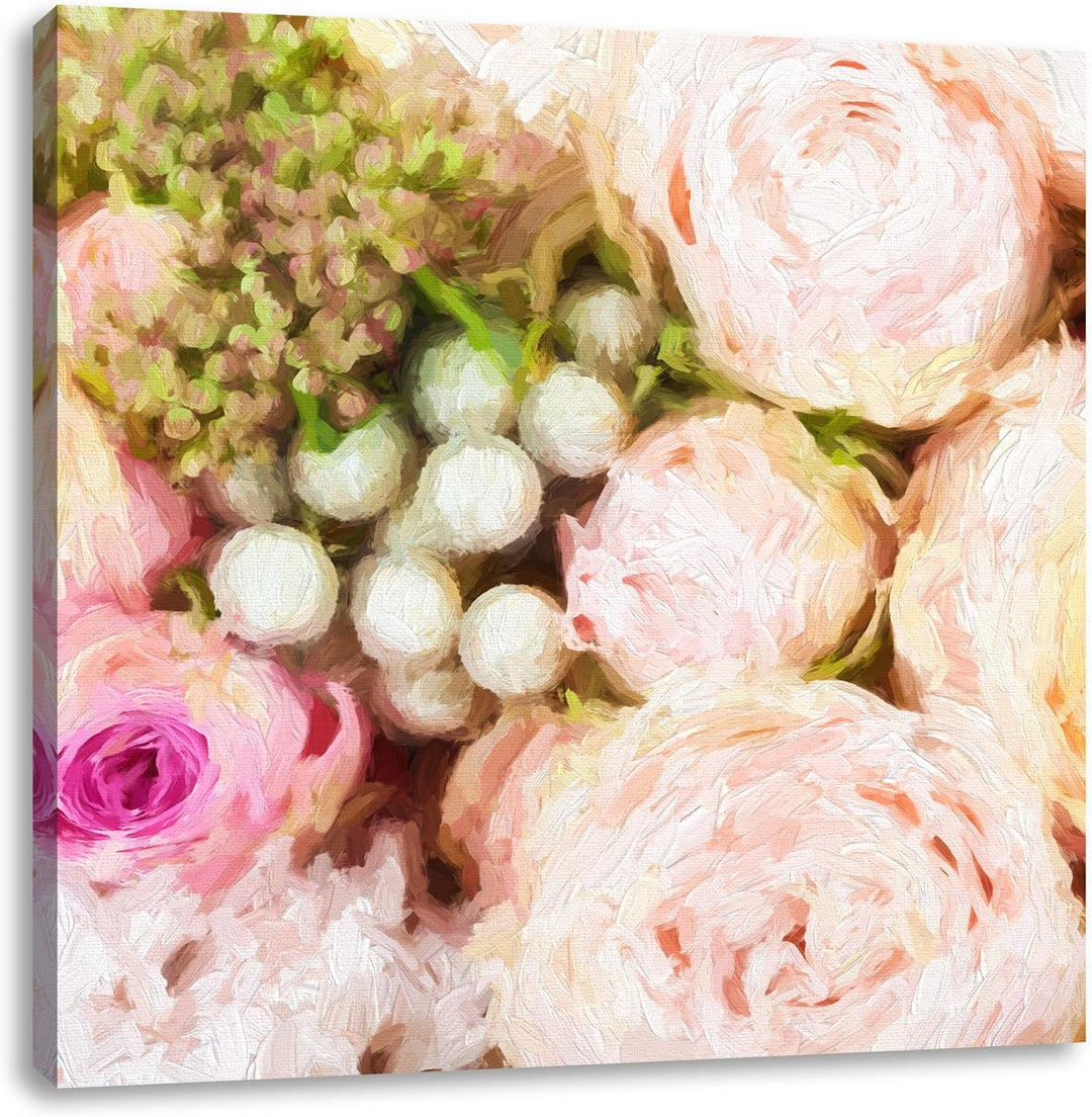 Rosa Rosen Pinsel Effekt, Format: 70x70 auf Leinwand, XXL riesige Bilder fertig gerahmt mit Keilrahm