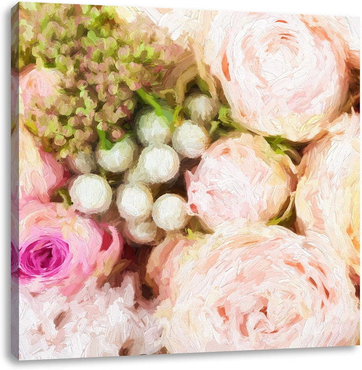 Rosa Rosen Pinsel Effekt, Format: 70x70 auf Leinwand, XXL riesige Bilder fertig gerahmt mit Keilrahm
