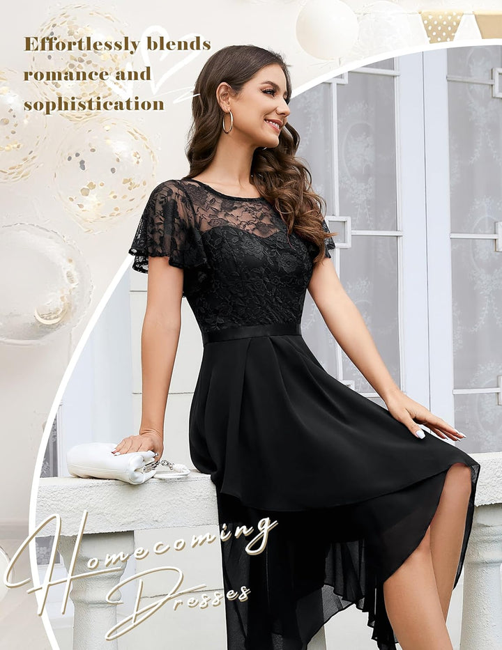 Wedtrend Abendkleid Damen Elegant Cocktailkleid High Low Ballkleider mit Spitzen A Linie für Hochzei