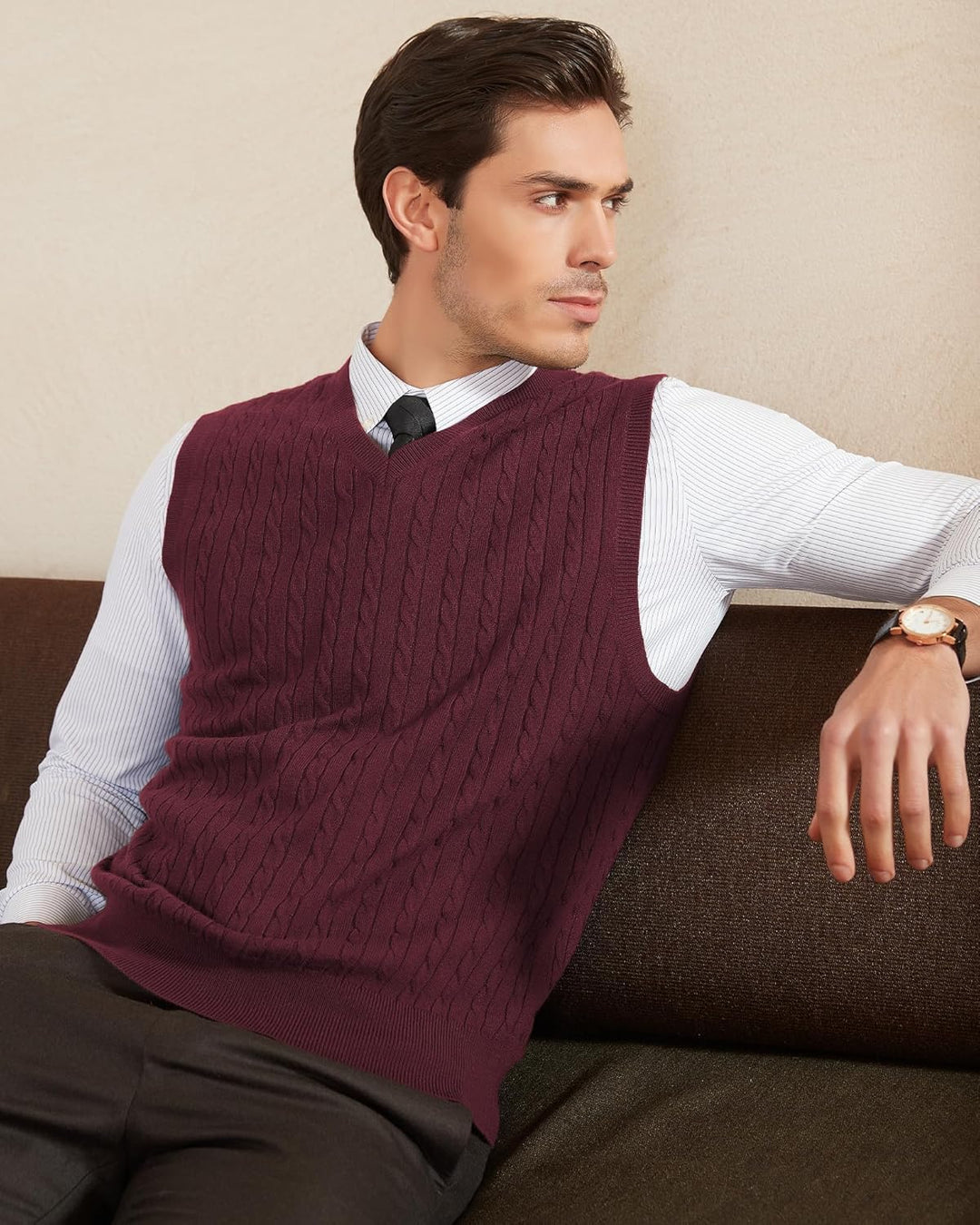 Kallspin Herren Strickweste Pulunder Ärmellos Zopfstrick V-Ausschnitt aus Wollmischung M Burgund, M