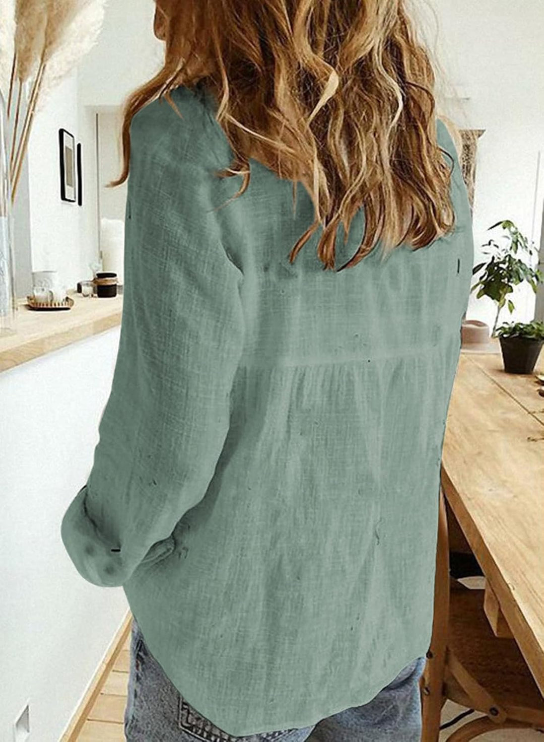BLENCOT Damen Bluse Langarm Hemden Casual V-Ausschnitt Roll Up Ärmel Button Down Blusen Tops S Grün-