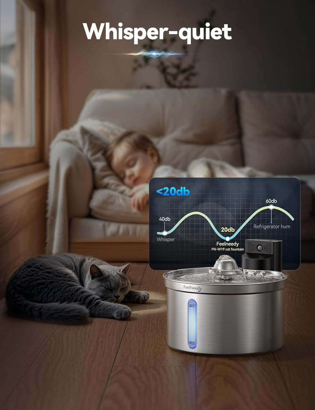 Katzenbrunnen Edelstahl Kabellos mit Sensor für Katzen und Hunde 3,5L|FEELNEEDY [FN-W19] Wasser-und