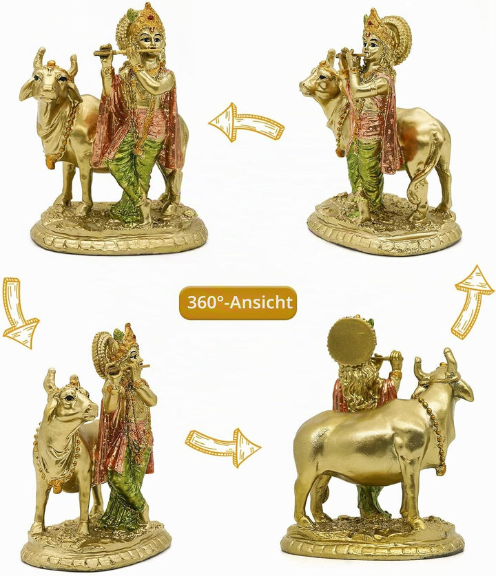 alikiki Hinduistische Gott, Lord Krishna, Statue – 13 cm H Baby Krishna Idol mit Kuh Nandi Statue In