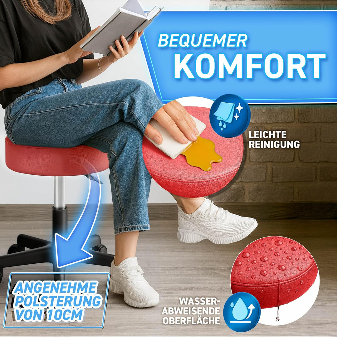 TRESKO® Rollhocker höhenverstellbar 10 cm Dicke Polsterung bis 150 kg | Hocker 47-60cm | Arbeitshock