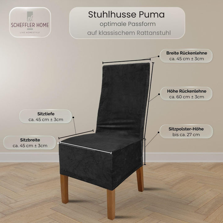 SCHEFFLER-Home Stretch Stuhlhussen Samt Puma Velvet/Velours Stuhlhussen Schwarz 4er Set/Stuhlabdecku