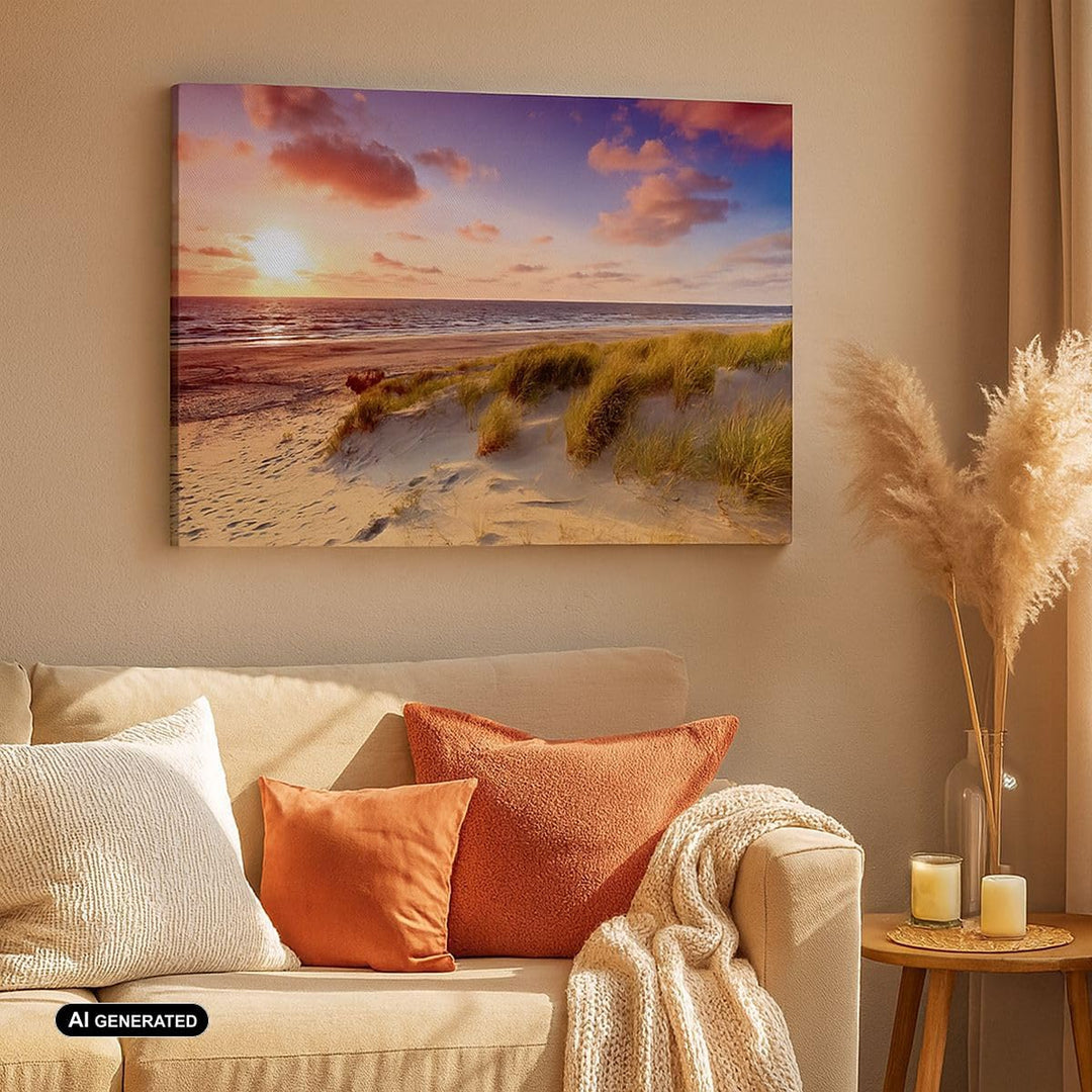 Bilder auf Leinwand Meer Strand Düne Leinwandbild mit Rahmen 70x50cm Wandbilder Dekoration Wohnzimme