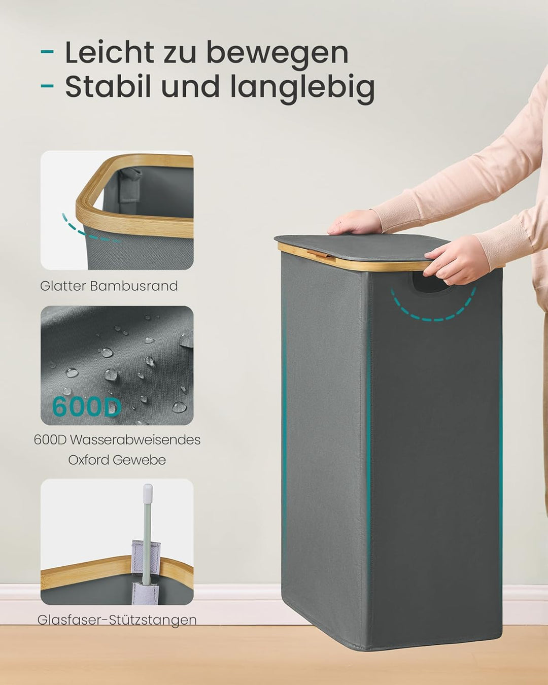 SONGMICS Wäschekorb mit Deckel, Wäschesammler, Oxford-Gewebe, zusammenklappbar, Bambusrahmen, für Wa