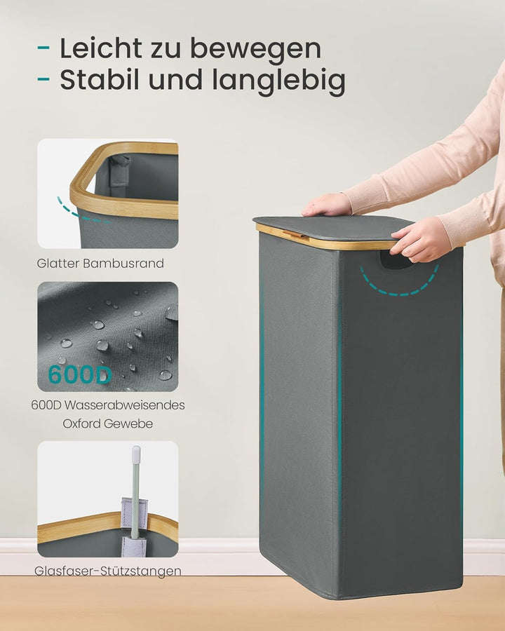 SONGMICS Wäschekorb mit Deckel, Wäschesammler, Oxford-Gewebe, zusammenklappbar, Bambusrahmen, für Wa