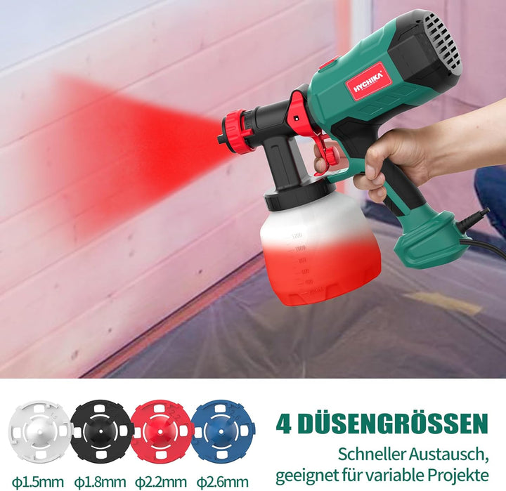 HYCHIKA 600W Farbsprühsystem, 1200ML HVLP Farbsprühgerät, 3 Sprühmuster, 4 Düsen und 2 Reinigungswer