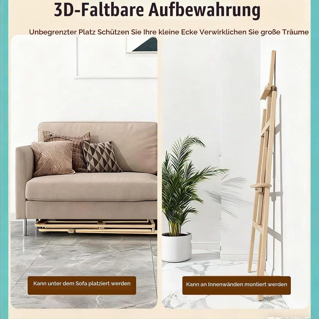 2PCS Staffelei Holz Gross,150 Cm Massivholz-Malstaffelei,Höhenverstellbare Staffelei,Geeignet Für Ki