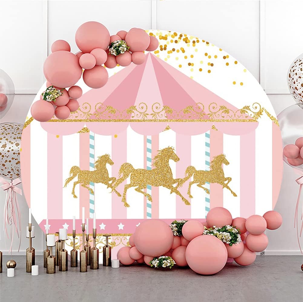 Aoihrraan 150cm Durchmesser Cartoon Runder Hintergrund für Fotografie Rosa Weiss Gestreift Goldene P