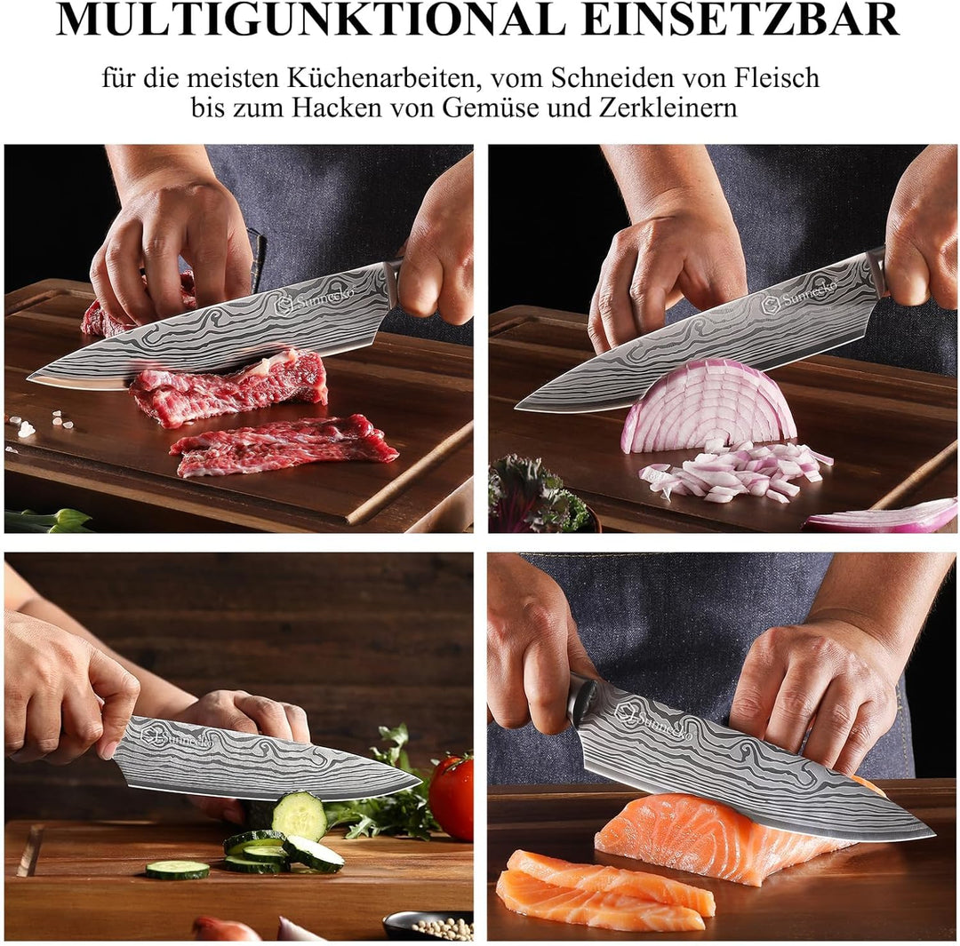 Sunnecko 20cm Kochmesser Deutschem Edelstahl Küchenmesser mit Pakkaholz Griff Allzweckmesser Küche S
