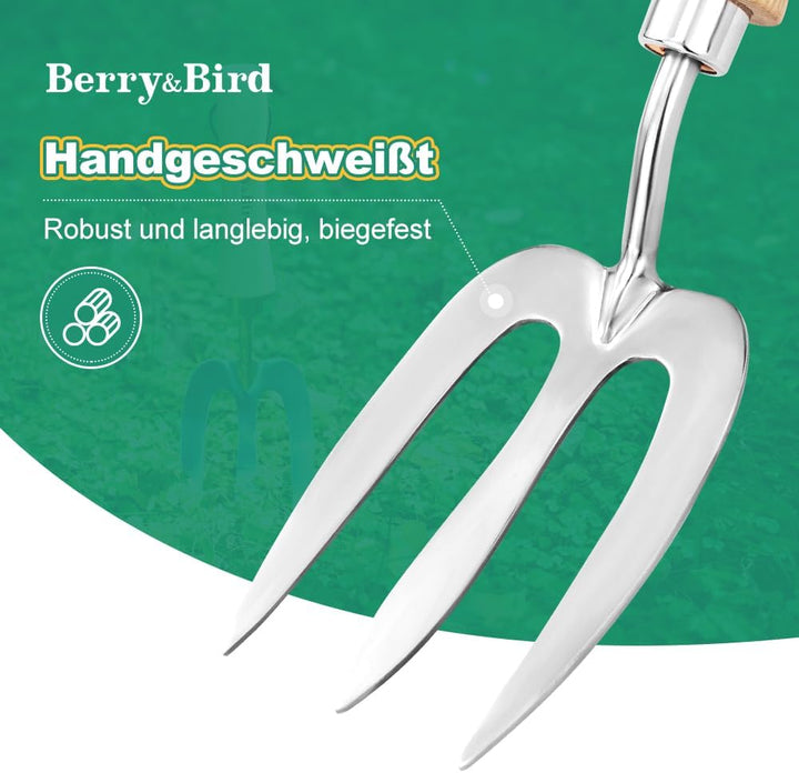 Berry&Bird Classic Blumengabel 30,7 cm - Grabegabel aus hochwertigem Edelstahl mit kurzem Holzgriff,