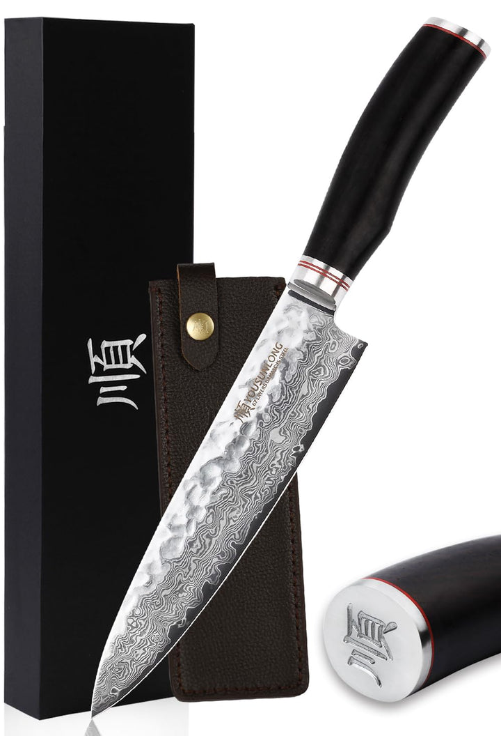 YOUSUNLONG Kochmesser 8 Zoll Gyuto Japanisch Gehämmerter Damaststahl Natur Bleiholzgriff mit Ledersc