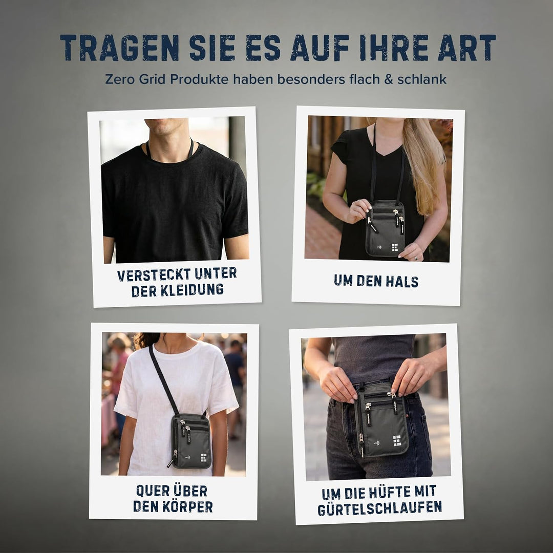 Zero Grid Brustbeutel mit RFID-Schutz – Reise Halsbeutel für Reisepass, Handy, Karten &amp; Bargeld – Fl