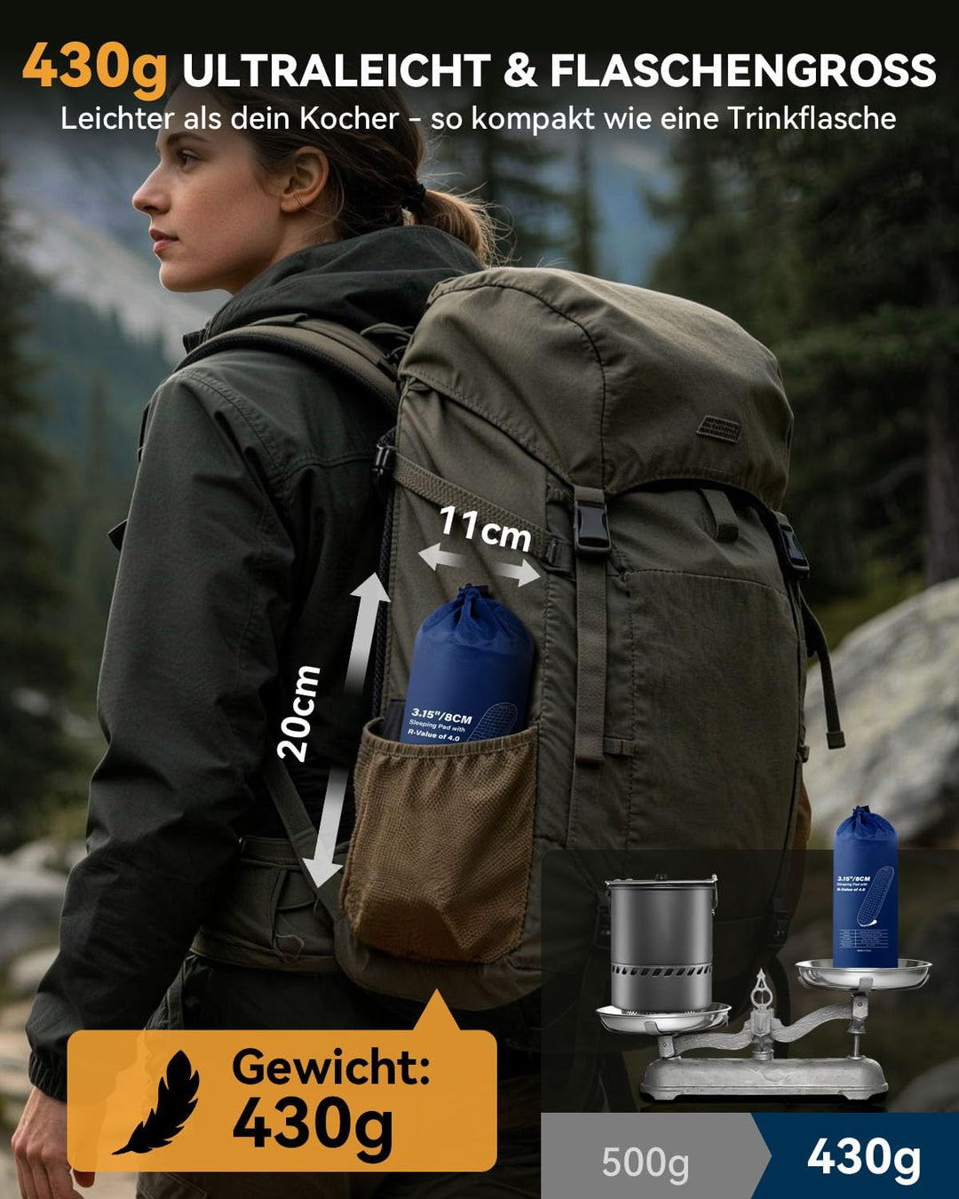 HIKENTURE Isomatte Camping R-Wert 4, 430g Isomatte Ultraleicht, 8CM Ultradicke Warme Schlafmatte, Au